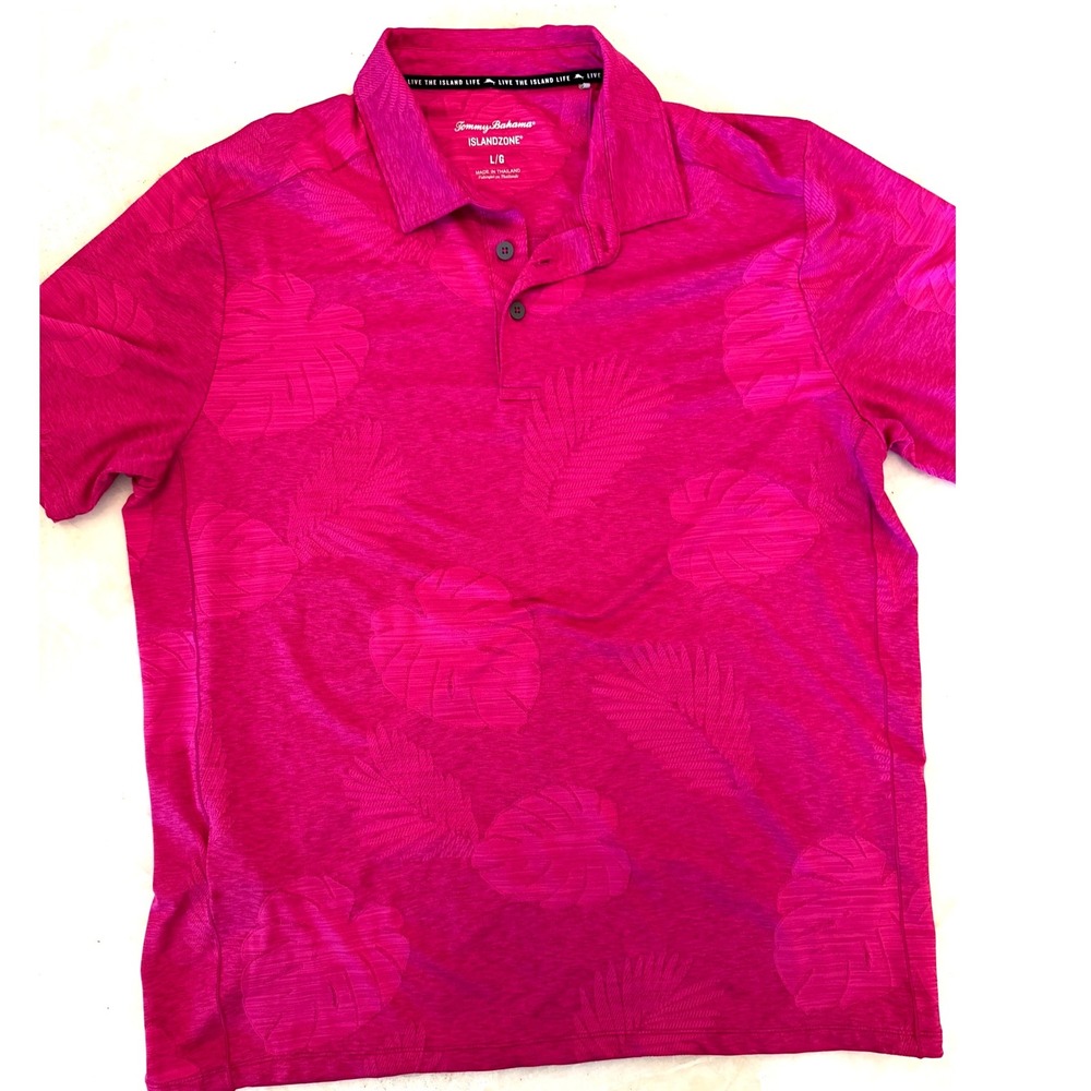 Tommy Bahama IslandZone Mens Large Pink Tropical Leaf Polo Shirt